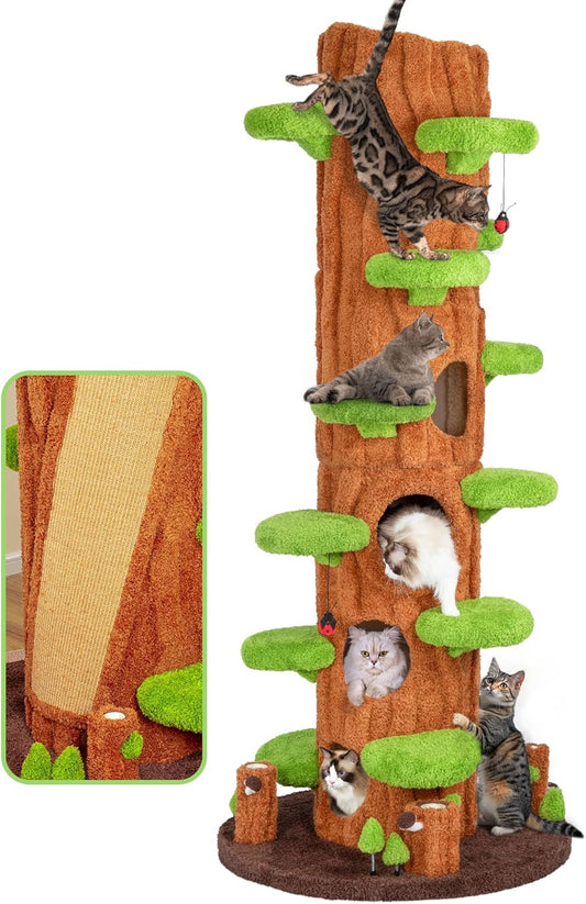NUNU LAB 90 Inch Cat Tree Tower Large Magic Forest Solid Wood Multi-Level Cat Tower with Side Hideout & Platforms Cat Condo with Sisal Scratching Posts for Multi-Cat Homes