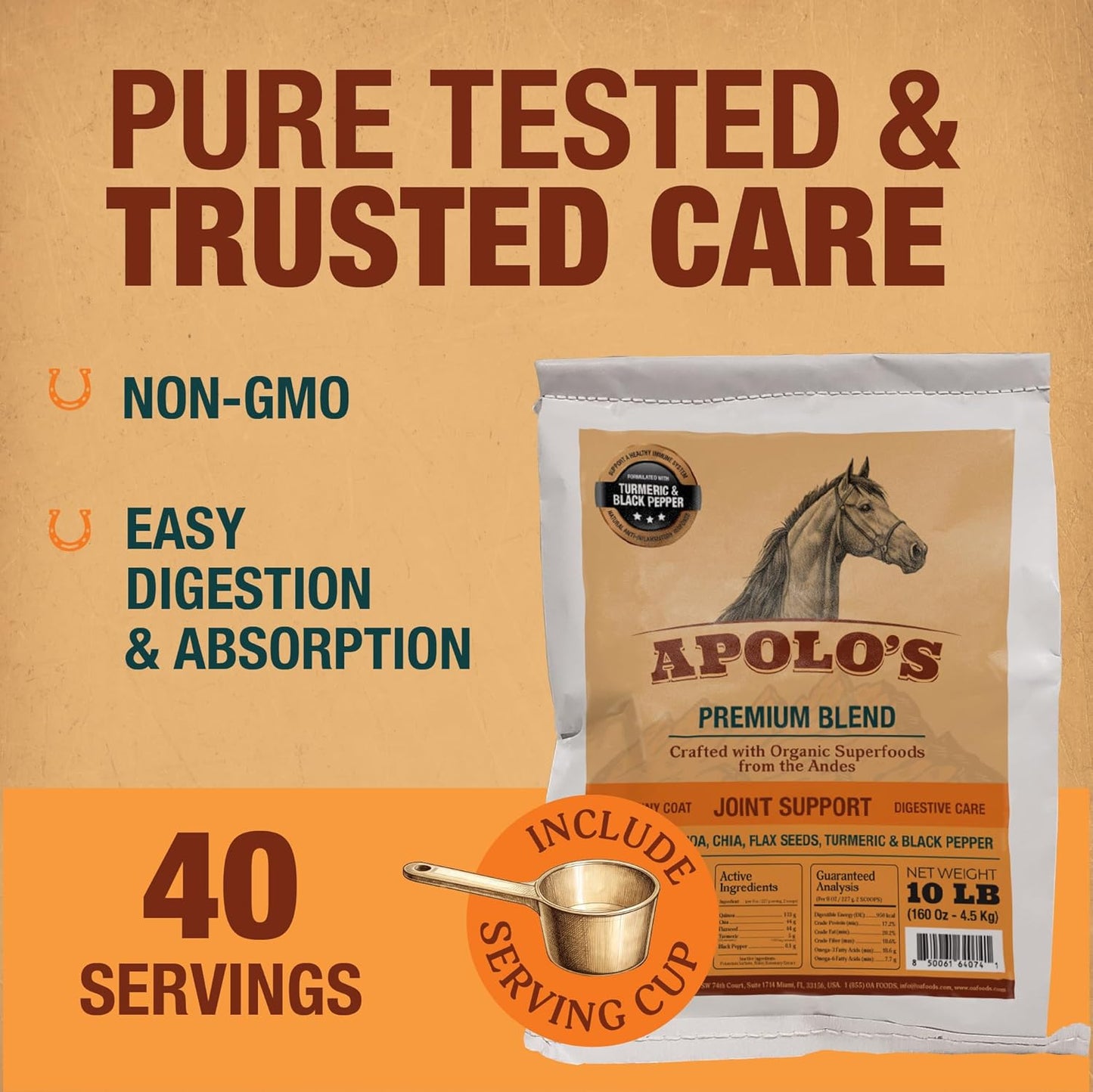 New! APOLO'S 100% Natural Horse Supplement for Daily Feeding – Joint Support, Coat Shine & Strength | Flaxseed, Quinoa, Chia | Turmeric and Black Pepper | 10 LB Bag