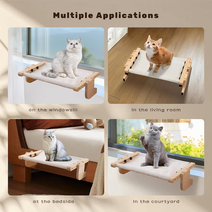 Laveivert 2-in-1 Cat Sill Window Perch, Cat Window Seat for Small & Large Cats, Nartural Color Wood & Metal Frame Cats Indoor Hammock Free-Standing, Easy to Adjust Windowsill