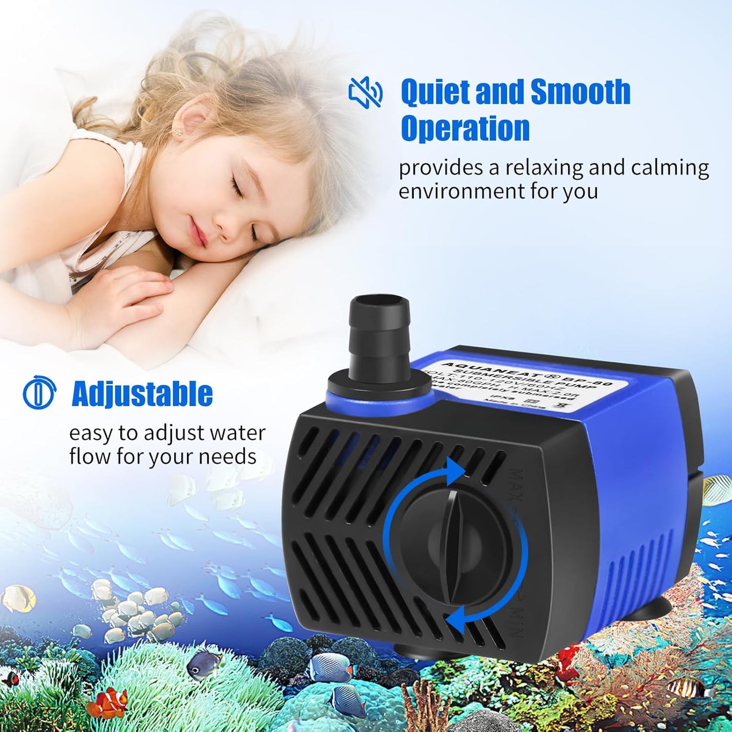 AQUANEAT Small Fountain Pump, 80 GPH Mini Submersible Water Pump with 3.3 ft Tubing, for Aquarium Fish Tank, Pet Water Fountain, Hydroponics, Pond Waterfall Filter Pump