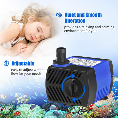 AQUANEAT Small Fountain Pump, 80 GPH Mini Submersible Water Pump with 3.3 ft Tubing, for Aquarium Fish Tank, Pet Water Fountain, Hydroponics, Pond Waterfall Filter Pump
