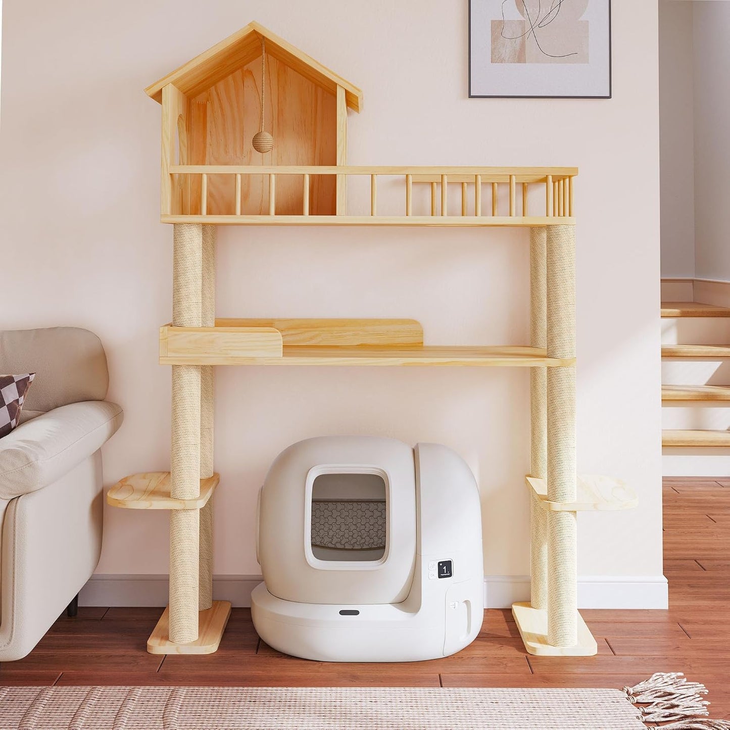 Wood Cat Tree for Automatic Litter Box, 60" Tall Cat Tower for Self Cleaning Litter Box, Cats Tree for Indoor Cats Large Adult, Multi-Level Solid Wood Cat Furniture w/Scratching Post, House