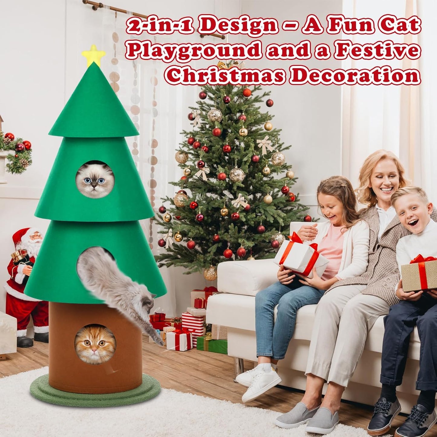 Leinuosen 60 Inch Felt Cat Christmas Tower for Indoor with 3 Condos 5 ft Xmas Tall Cat Tree Tower Furniture with Star Topper for Kitty Kitten DIY Christmas Decoration Activity Center Play House