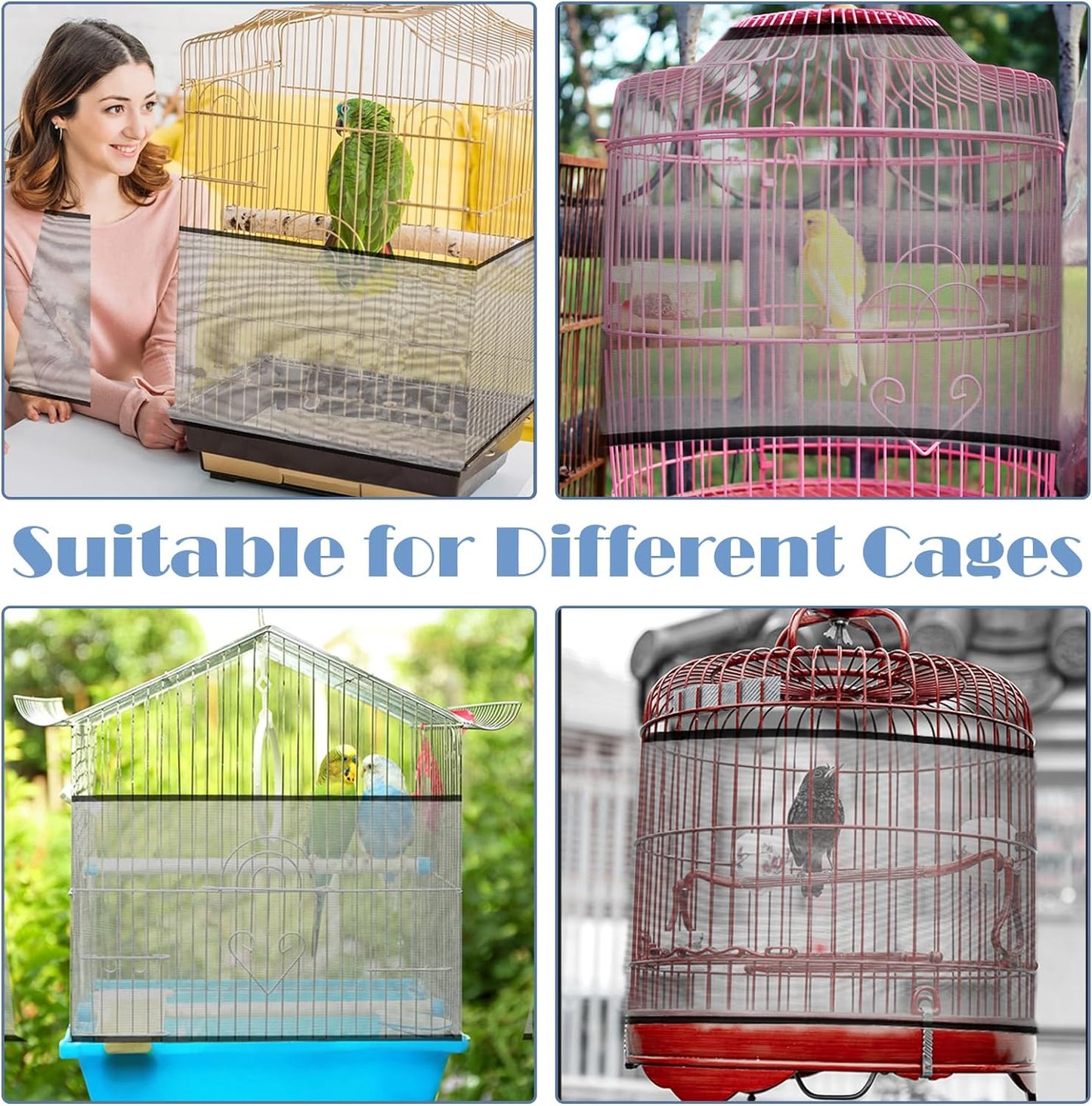 Adjustable Bird Cage Seed Catcher Net Cover Elastic Band Mesh Cover Black for Parrot Cages