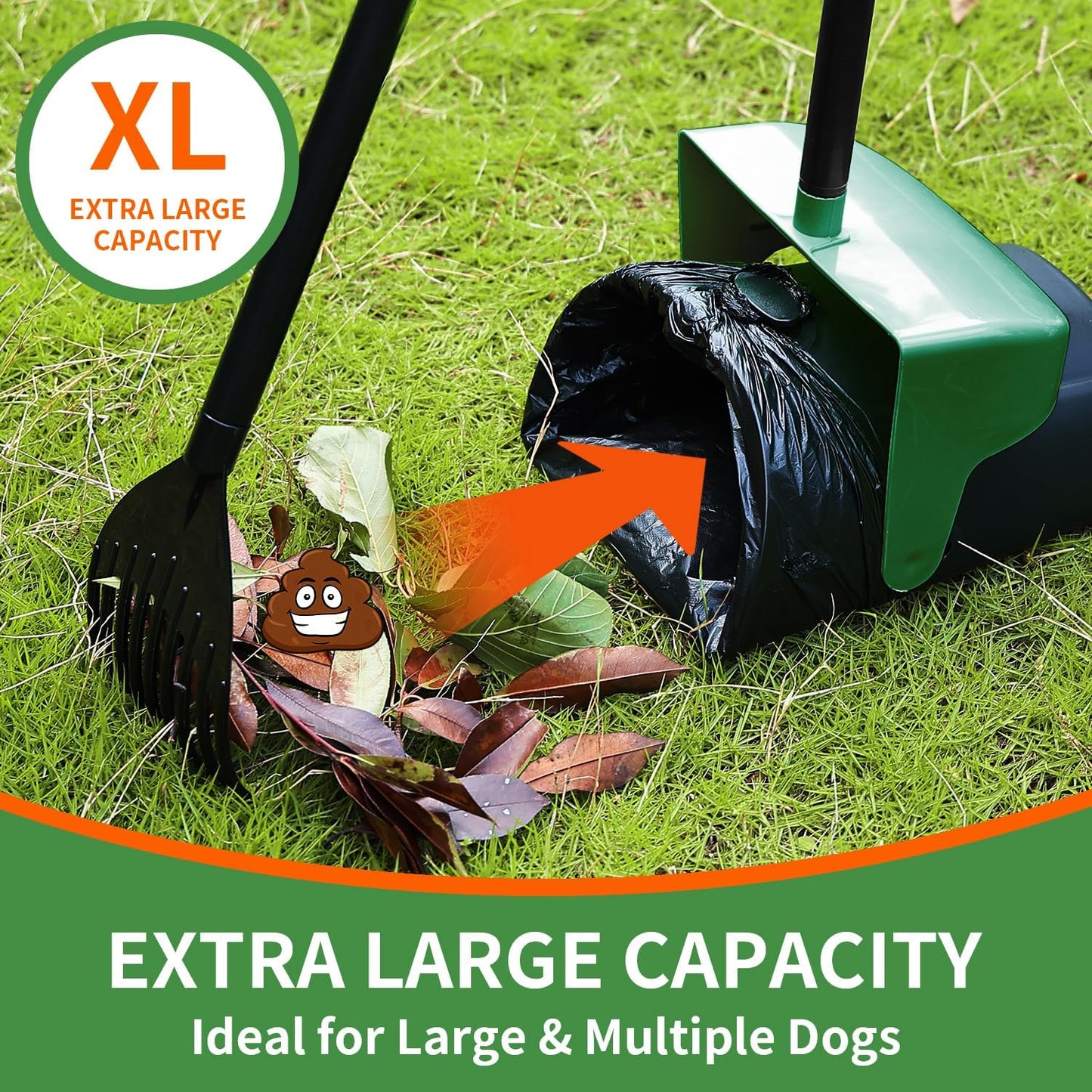 Pooper Scooper Large Swivel Bin & Rake with 160 Waste Bags,Heavy Duty Dog Pooper Scooper with Bag Attachment for Dogs, Long Handle Poop Scooper with Lid for Yard, Grass, Gravel(Dark Green)