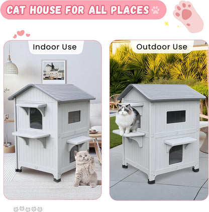 Plastic Outdoor Cat House with Escape Door, Waterproof 2 Story Outdoor Houses for Feral Cats Outside Cat Shelter, Spacious, Clean and Assemble Easily