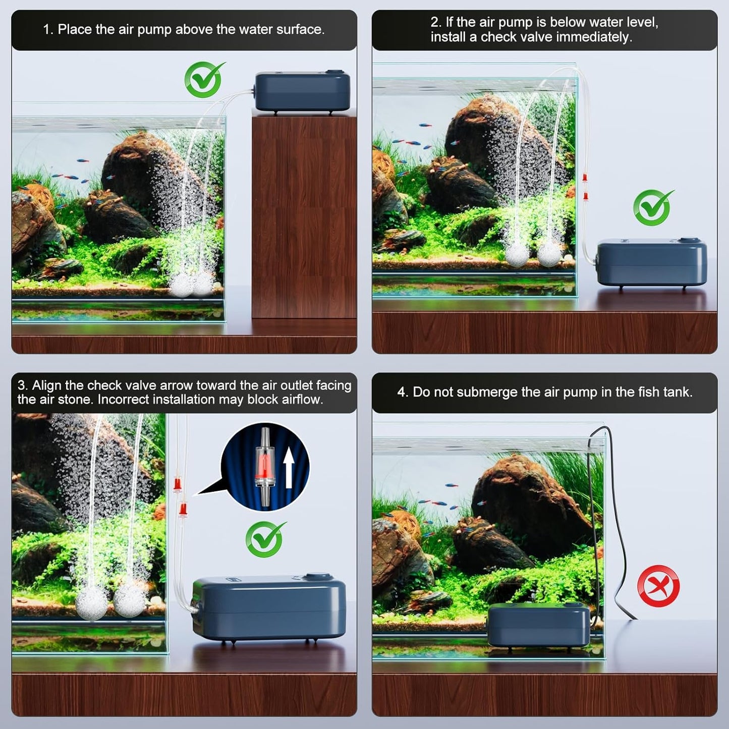 Aquarium Air Pump, Dual Outlet Quiet Oxygen Aerator Pump for Fish Tanks, Adjustable Air Valve Complete Bubbler Kit for Small Aquariums