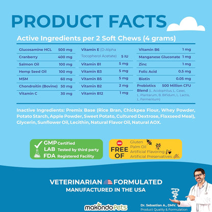 Dog Multivitamin 12 in 1 Supplement 120 Soft Chews - Joint Support + Gut Digestive Enzymes & Probiotics + Cranberry Urinary Health & Vitamins for Energy, Skin, Coat, Liver & Immune Aid Dog Vitamins