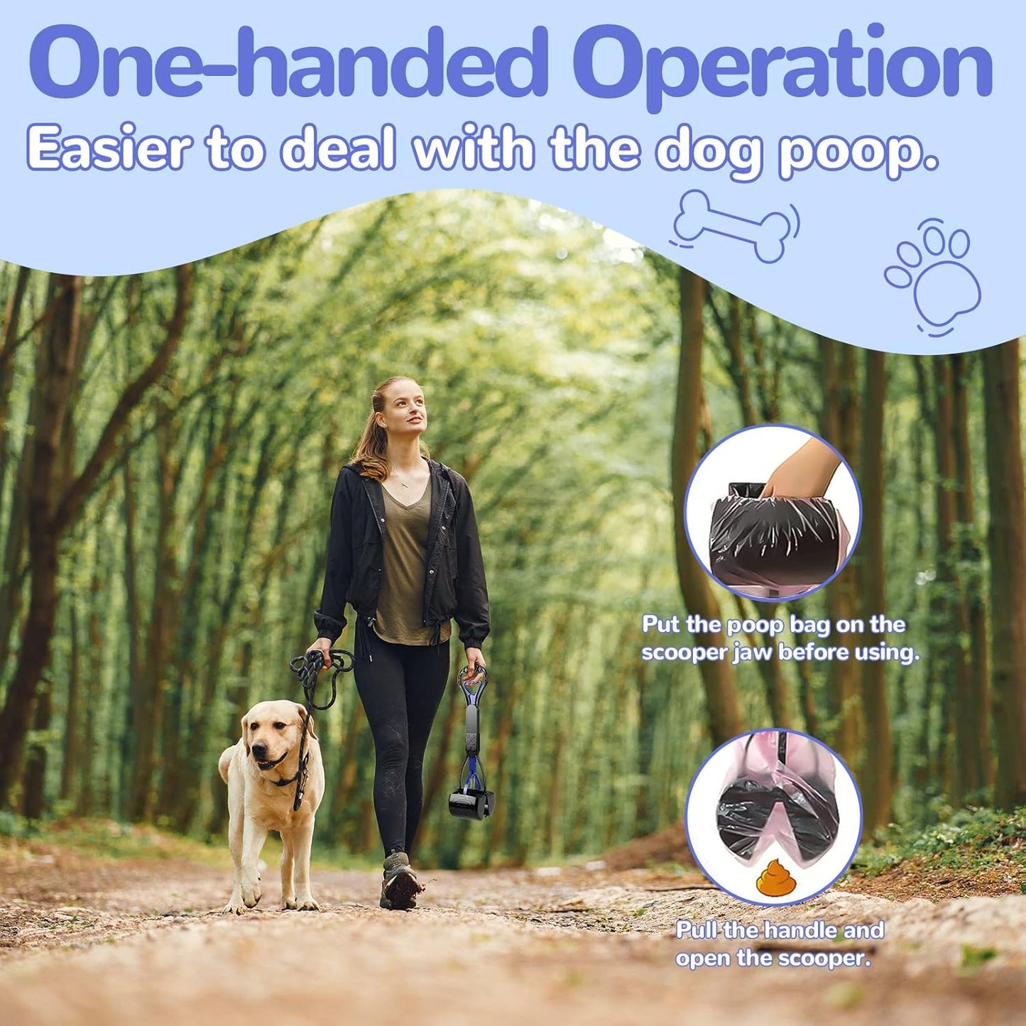 Pooper Scooper for Dogs, 24" Long Handle for One-Hand Opertating, Foldable and Portable, Easy to Use on Grass, Dirt, Gravel - Blue