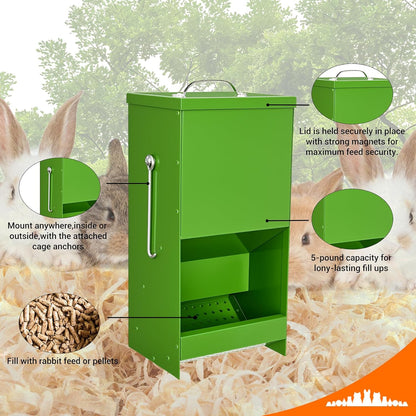 Rabbit Feeders Automatic for Cages,5 Pound Large Metal Trough Feeder with Lid Galvanized Steel Outdoor Bunny Food Dispenser for Rabbits Chicken Guinea Pig Pet and Other Small Animals Green