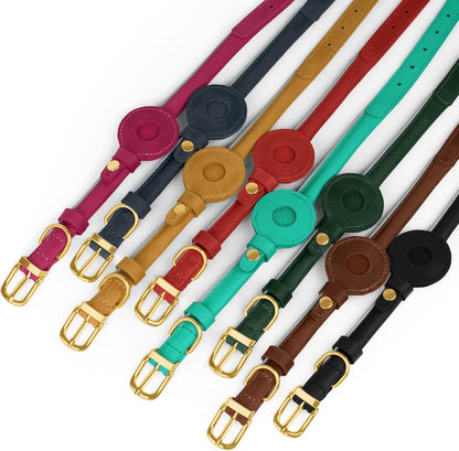 OOPSDOGGY Rolled Leather Dog Collar with Airtag Holder - Reflective Round Airtag Dog Collar - Soft Tracking Pet Collar for Small Dogs Puppy Cats Kitten (Black, S, 10"-13")