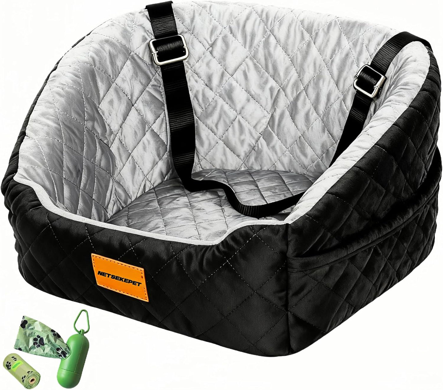 The netsekepet Suitable for Dogs Under 32 pounds, pet car Safety Seats, Detachable and Washable pet Seats, Travel beds with Storage Bags and seat Belts, Color - Black/Gray