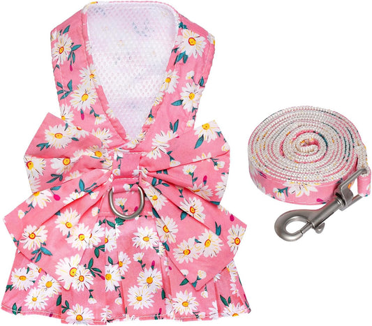 Dog Dress Bowknot Harness and Leash Set Adjustable Puppy Harness Mesh Vest Set Bow Knot Pet Clothes for Small Girl Dog Cat (X-Small, Pink)