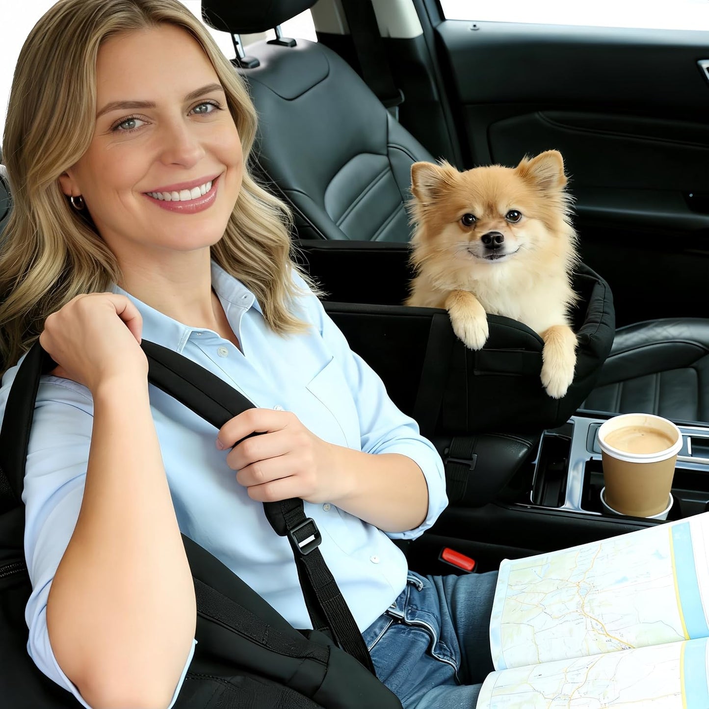 Center Console Dog Car Seat, Small Dog Car Seat, Waterproof Pet Bed with Safety Leash, Anti-Collapse Pet CarSeat with Soft Cushion, Easy Wipe Clean for Puppies Under 11 lbs (Black)