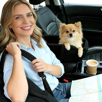 Center Console Dog Car Seat, Small Dog Car Seat, Waterproof Pet Bed with Safety Leash, Anti-Collapse Pet CarSeat with Soft Cushion, Easy Wipe Clean for Puppies Under 11 lbs (Black)