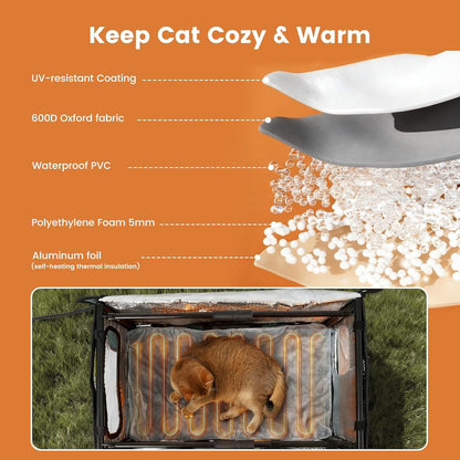X-Large Collapsible Heated Cat House - Metal Frame, 100% Insulated Waterproof Outdoor Stray Cat Shelter with Heating Pad & Escape Door,Temperature Control & Timer, Warm Shelter for Cats, Black