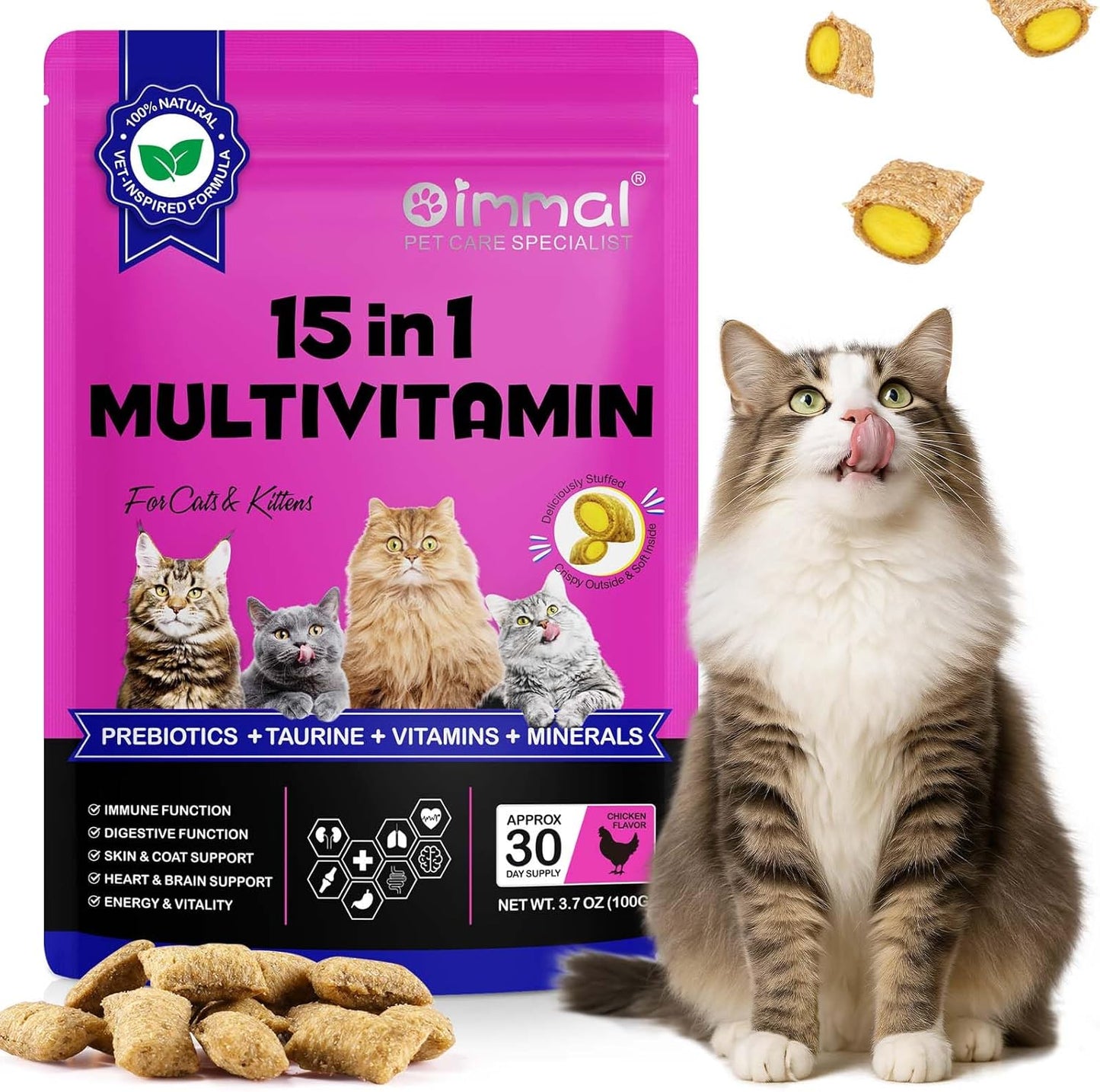 15 in 1 Multivitamin for Cats & Kittens - Chicken Flavor Crunchy & Soft Chews with Prebiotics, Taurine, Omega Fatty Acids - Supports Immune, Digestive, Skin & Coat, Heart & Brain Health - 3.7 oz