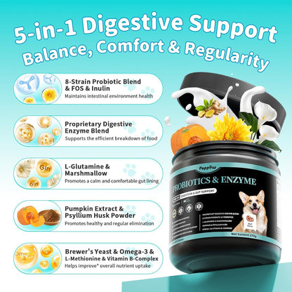 Probiotics for Dogs, Digestive Enzymes & Pumpkin Fiber for Gut Health and Bowel Support, Dog Supplement for Gas Relief & Constipation, 10B CFU with 5 Prebiotics & 5 Enzymes, 90 Count Beef Flavor