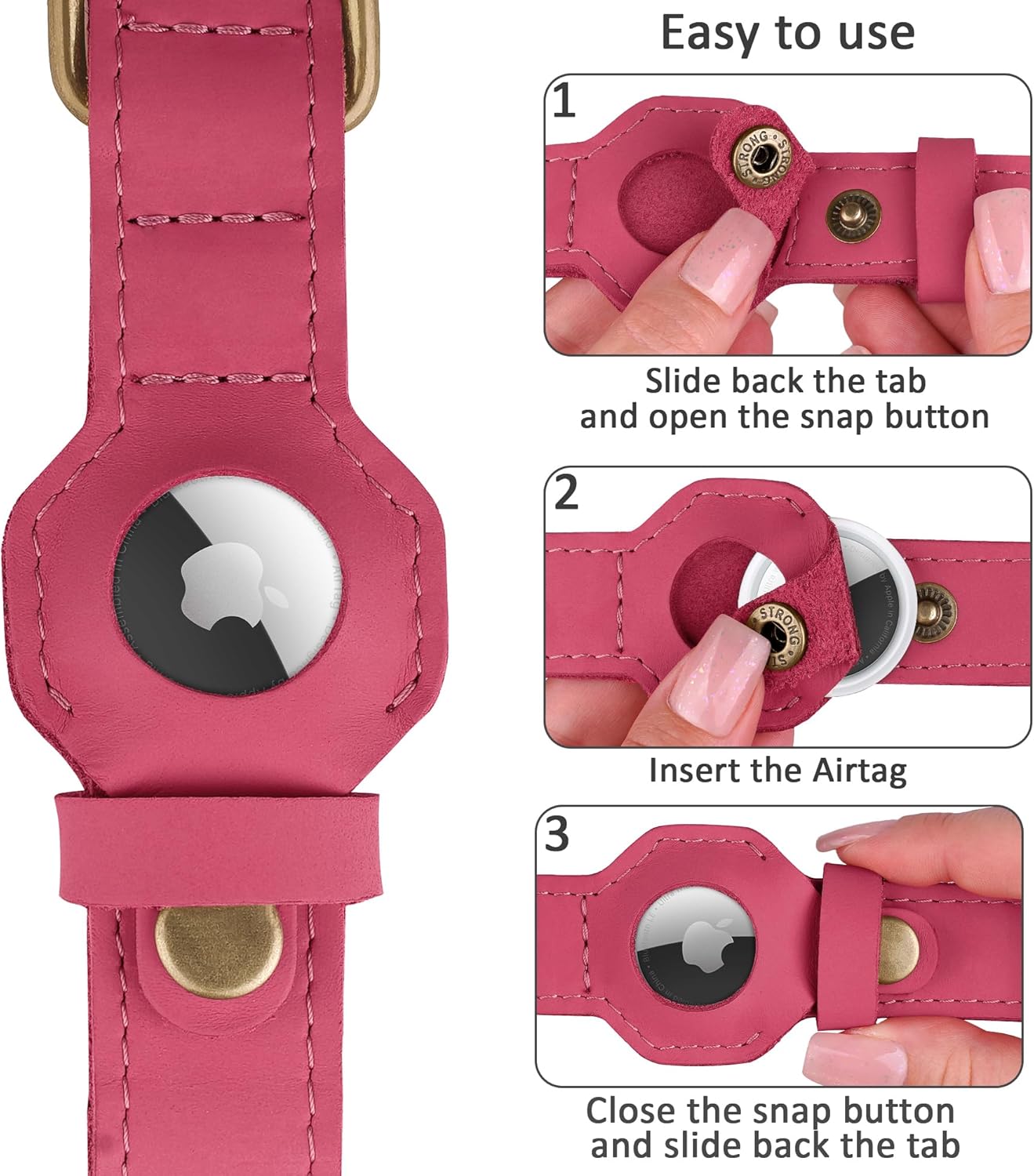 AirTag Dog Collar - Genuine Leather Dog Collar with Apple AirTag Holder and Metal Buckle - Smart GPS Tracking Pet Collars (Pink, L, 17"-21" Neck Fit)