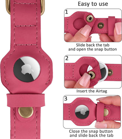 AirTag Dog Collar - Genuine Leather Dog Collar with Apple AirTag Holder and Metal Buckle - Smart GPS Tracking Pet Collars (Pink, L, 17"-21" Neck Fit)