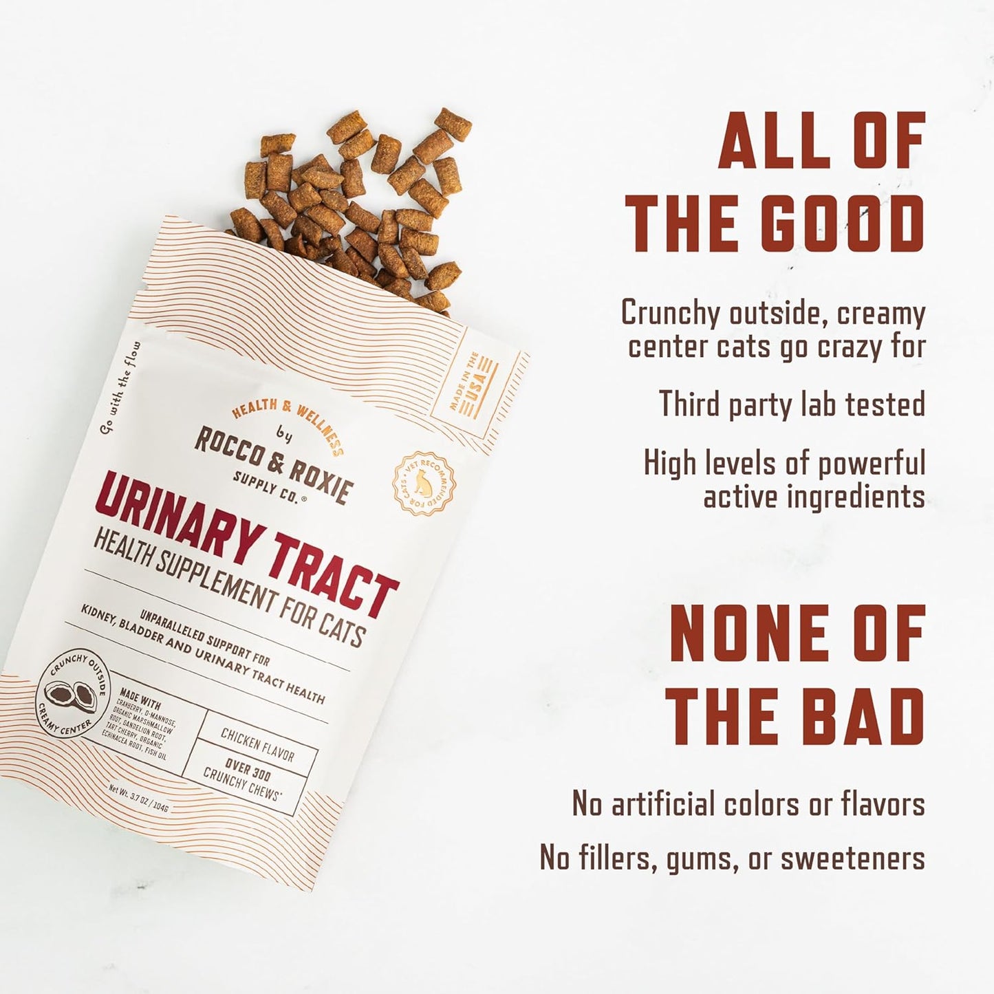 Rocco & Roxie Cat Urinary Tract Health Supplement, Cranberry and D-Mannose for Bladder, UT and Kidney Support for Cats, Vet-Recommended, Chicken-Flavored Crunchy Chews, Made in USA