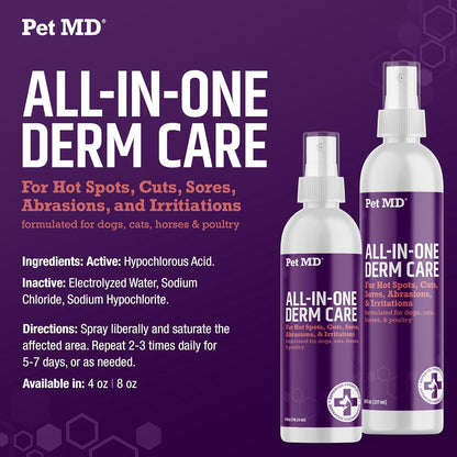 Pet MD All-in-One Derm Care - Hypochlorous Acid Spray for Dogs & All Pets - Skin Soother for Dogs & Wound Spray for Dogs - Cat Wound Care, Dog Hot Spot Remedy, & Dog Itch Relief - 8oz