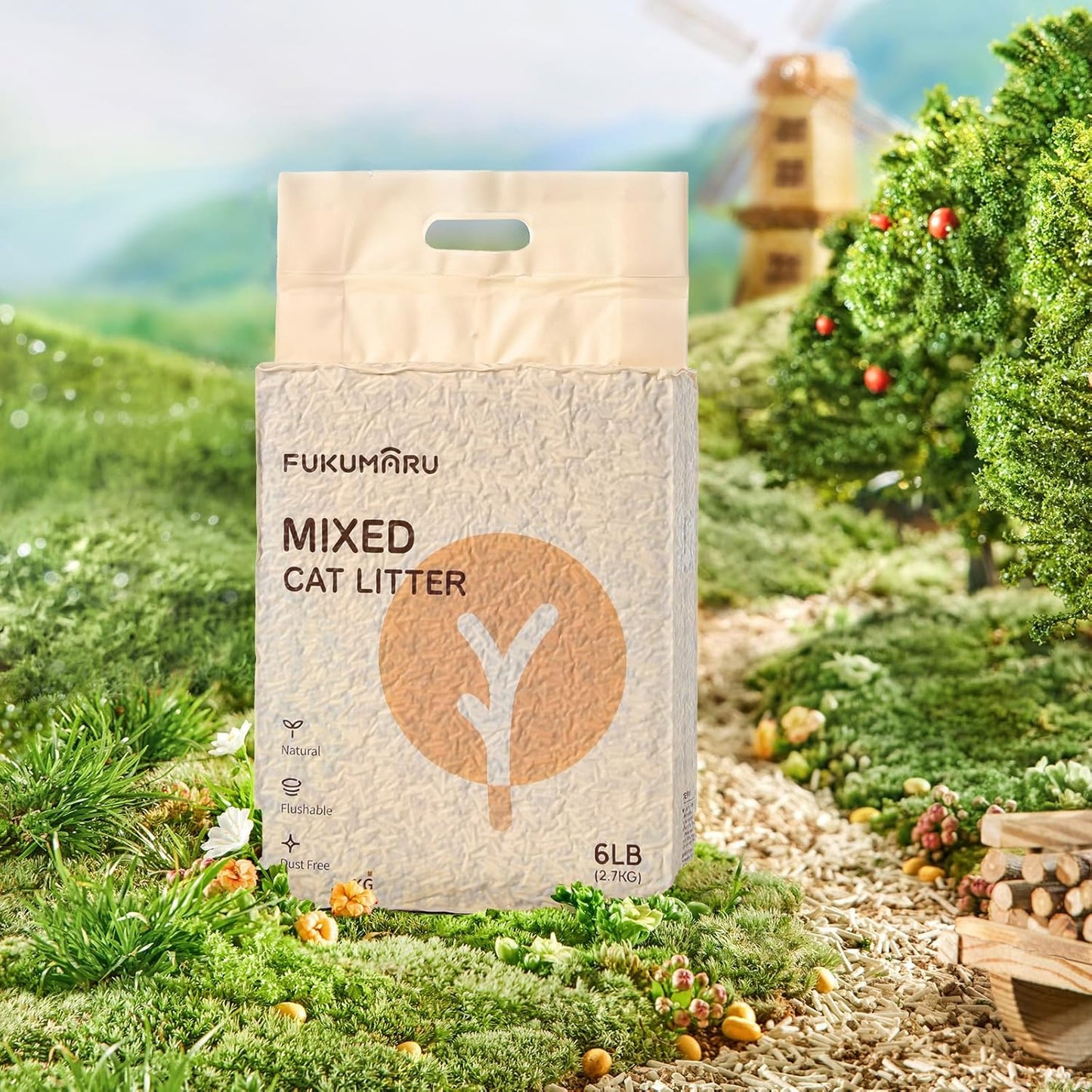 FUKUMARU Tofu Cat Litter, 6 LBS Clumping Cat Litter, Dust Free Unscented Flushable Tofu Litter, Natural, Lightweight and Low Tracking Kitty Litter Pellets Mixed Apple Wood, 24/7 Odor Control