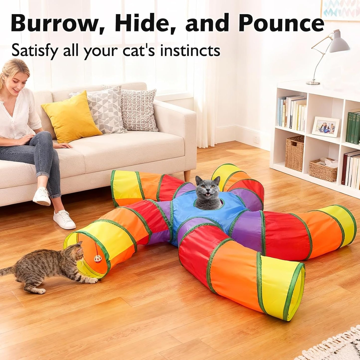 Joytale 5-Way Cat Tunnels for Indoor Cats, Pet Tube Toy with Play Ball and Toy Mouse, Christmas S-Shape Collapsible Tunnel with Interactive Hole for Kitty, Kitten, Rabbit, Puppy (Rainbow)