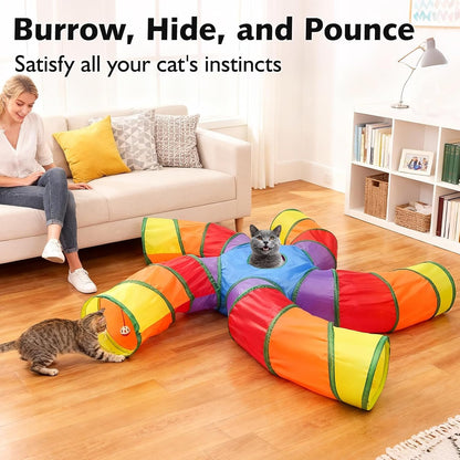 Joytale 5-Way Cat Tunnels for Indoor Cats, Pet Tube Toy with Play Ball and Toy Mouse, Christmas S-Shape Collapsible Tunnel with Interactive Hole for Kitty, Kitten, Rabbit, Puppy (Rainbow)