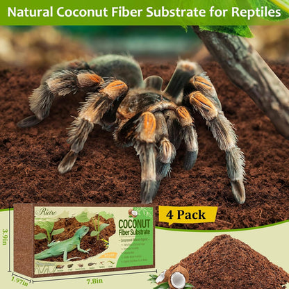 Riare 4 Pack Natural Coconut Fiber Substrate for Reptile- Premium Compressed Coconut Husk Terrarium Bedding for Reptile, Tortoise, Frogs, Snakes Hermit Crabs, Burrowing Animals