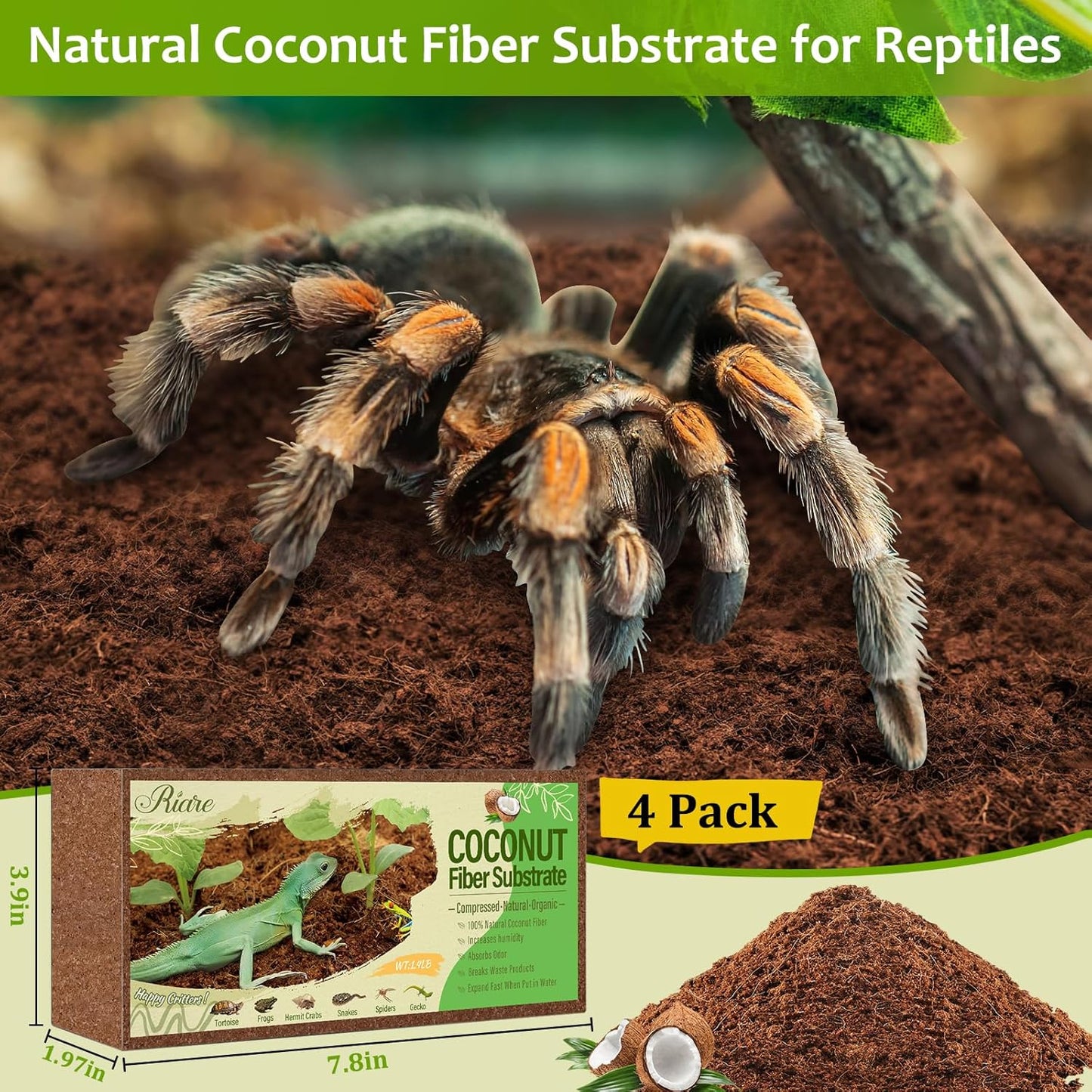 Riare 4 Pack Natural Coconut Fiber Substrate for Reptile- Premium Compressed Coconut Husk Terrarium Bedding for Reptile, Tortoise, Frogs, Snakes Hermit Crabs, Burrowing Animals