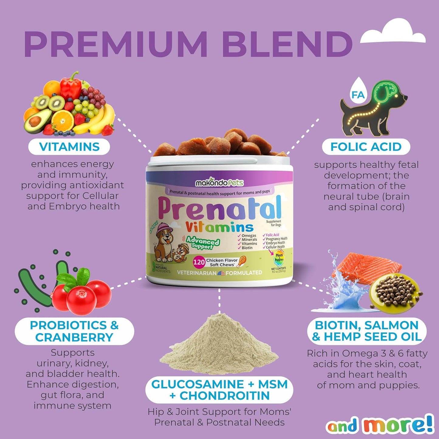 Dog Prenatal Vitamins – 120 Soft Chews Multivitamin, Folic Acid, Zinc, B-Complex, DHA & EPA Omegas and Probiotics Supplement for Pregnant, Nursing Breastfeeding pet – Mom & Puppy Vitamin Formula.