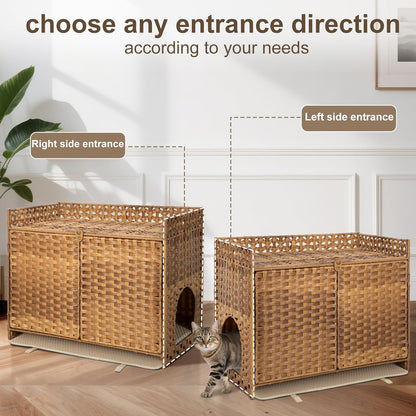 Hidden Cat Litter Box Enclosure Furniture - Handwoven Rattan Pet House with Removable Mat, Elevated Metal Feet, Large 30.3x18.2x24.5 Inches for Modern Design Indoor Living