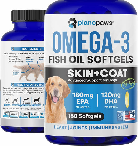 Omega 3 Fish Oil for Dogs Capsules - Salmon Oil for Dogs - Dog Fish Oil Supplement May Help Shedding, Allergy, Itching - Support Dry Skin, Joints - Dog Skin and Coat Supplement - 180 Fish Oil Pills