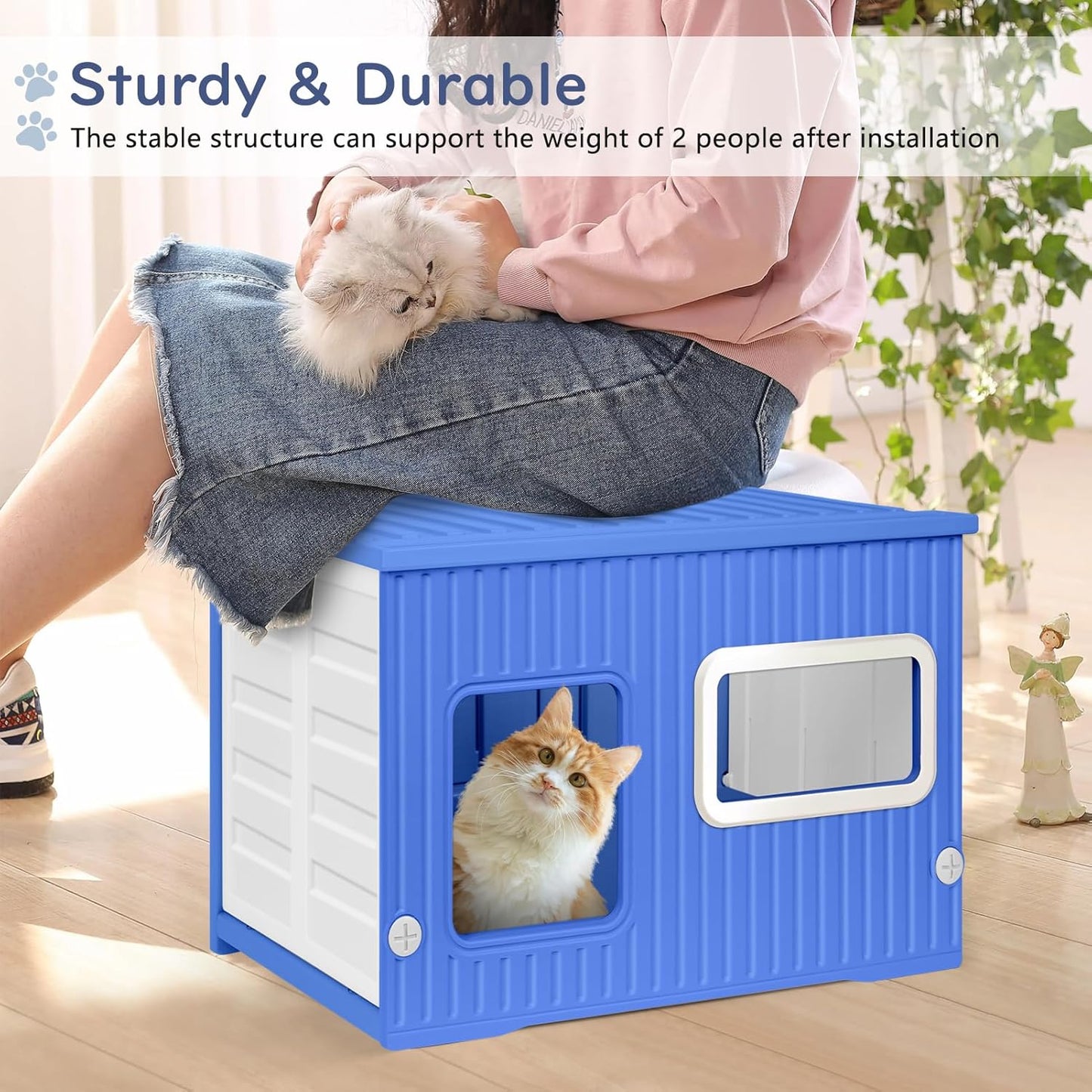 Cat House for Outdoor Indoor Use, Stackable Feral Cat Shelter Indoor Cat House Weatherproof Waterproof Elevated, with 2-Sided Cushion (Blue White)