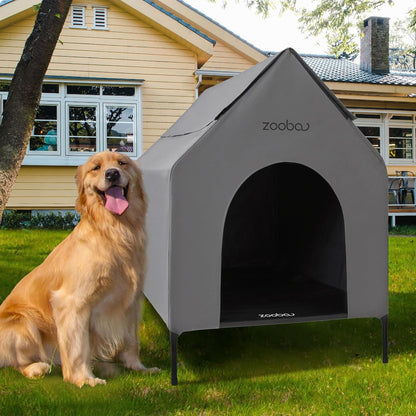 36" Large Dog House for Large Dog Indoor or Outside, Weatherproof 600D PVC Outdoor, Featuring Breathable 2x1 Textilene Elevated Dog Bed, Easy Clean (Grey)