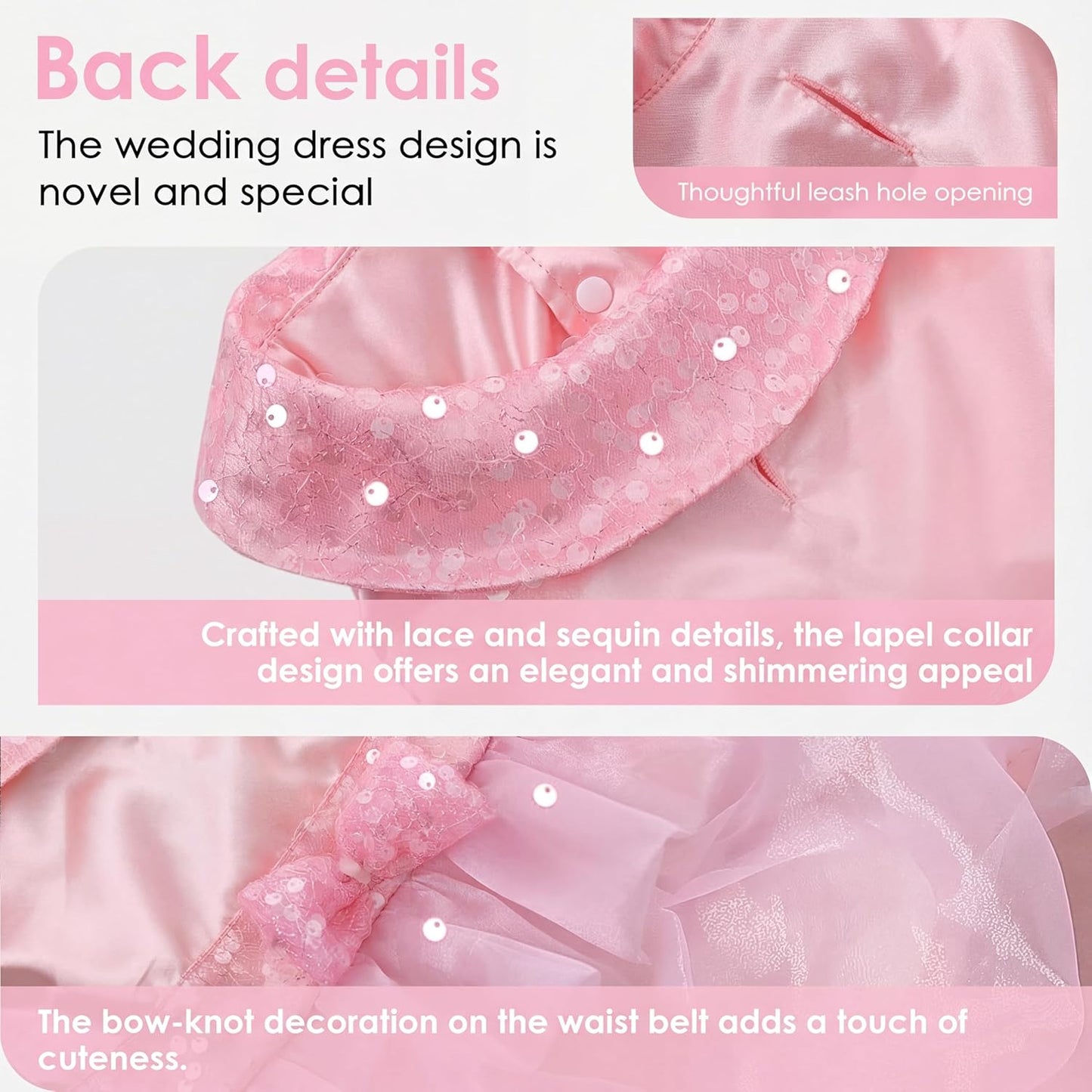 Dog Dress for Small Medium Large Dogs Pet Princess Wedding Dress with Detachable Train Multi-Layer Organza Girl Puppy Tutu Skirt Bowknot Sequin Decor Birthday Cat Clothes(Pink, XS)