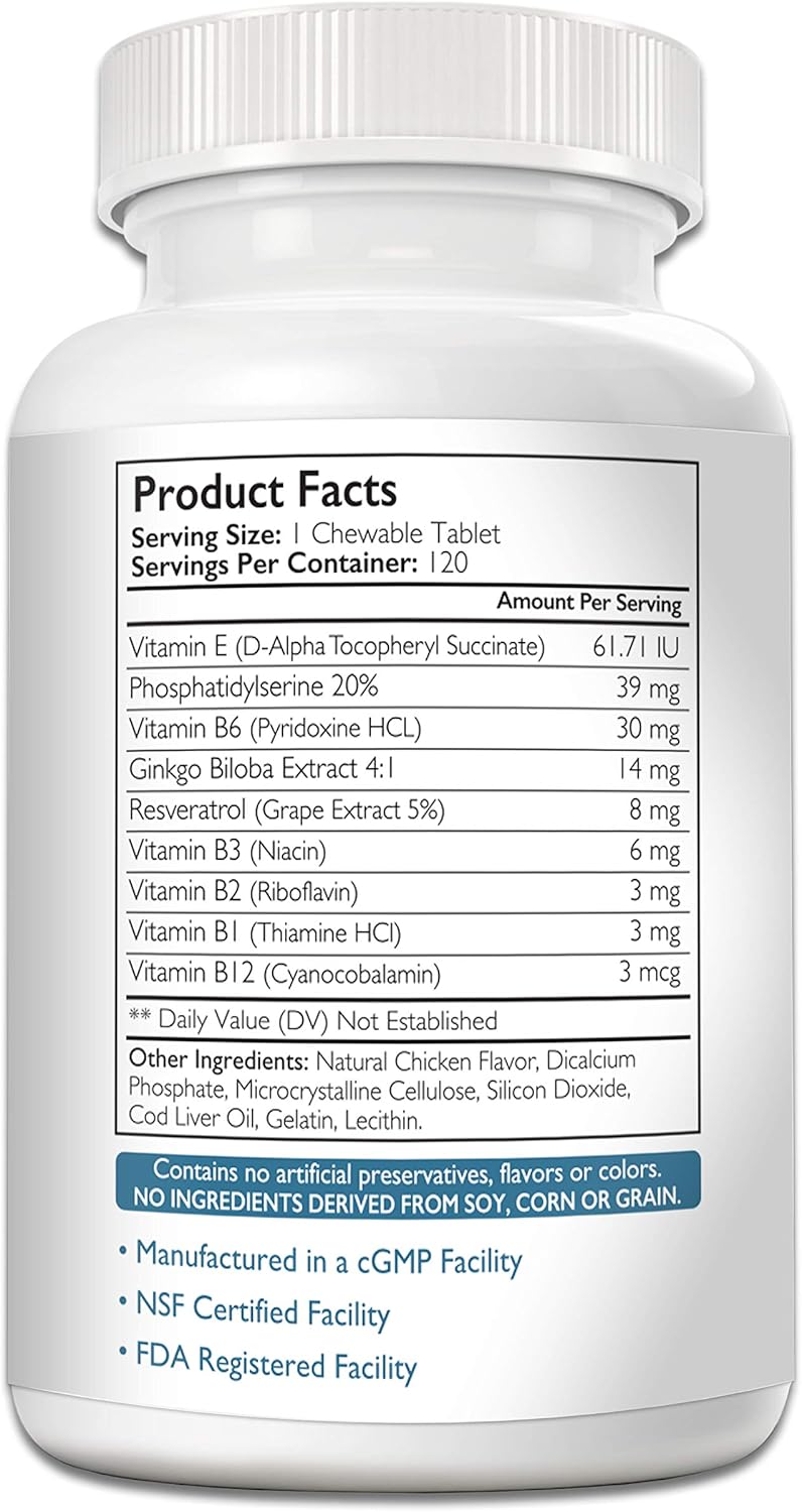 Cognitive Support for Dogs, Promotes Dog Brain Health, Mental Support Supplement for Cognitive Difficulties, 120 Chewable Tablets