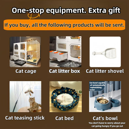 Indoor Cat Cage with Litter Box,Complimentary Cat Bed, Bowl Double-Layer Cat House with Wheels Outdoor Large Cat Enclosure, Small Animal Dog Kennel(41.8″(L) x18.1″(W) x32.3″(H))