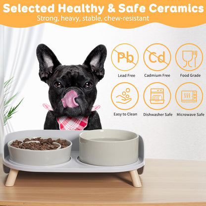 Dog Food and Water Bowl Set - Ceramic Slow Feeder Bowl & Raised Double Dish with Splash-Proof Stand - Feeding Combo for Medium Dogs
