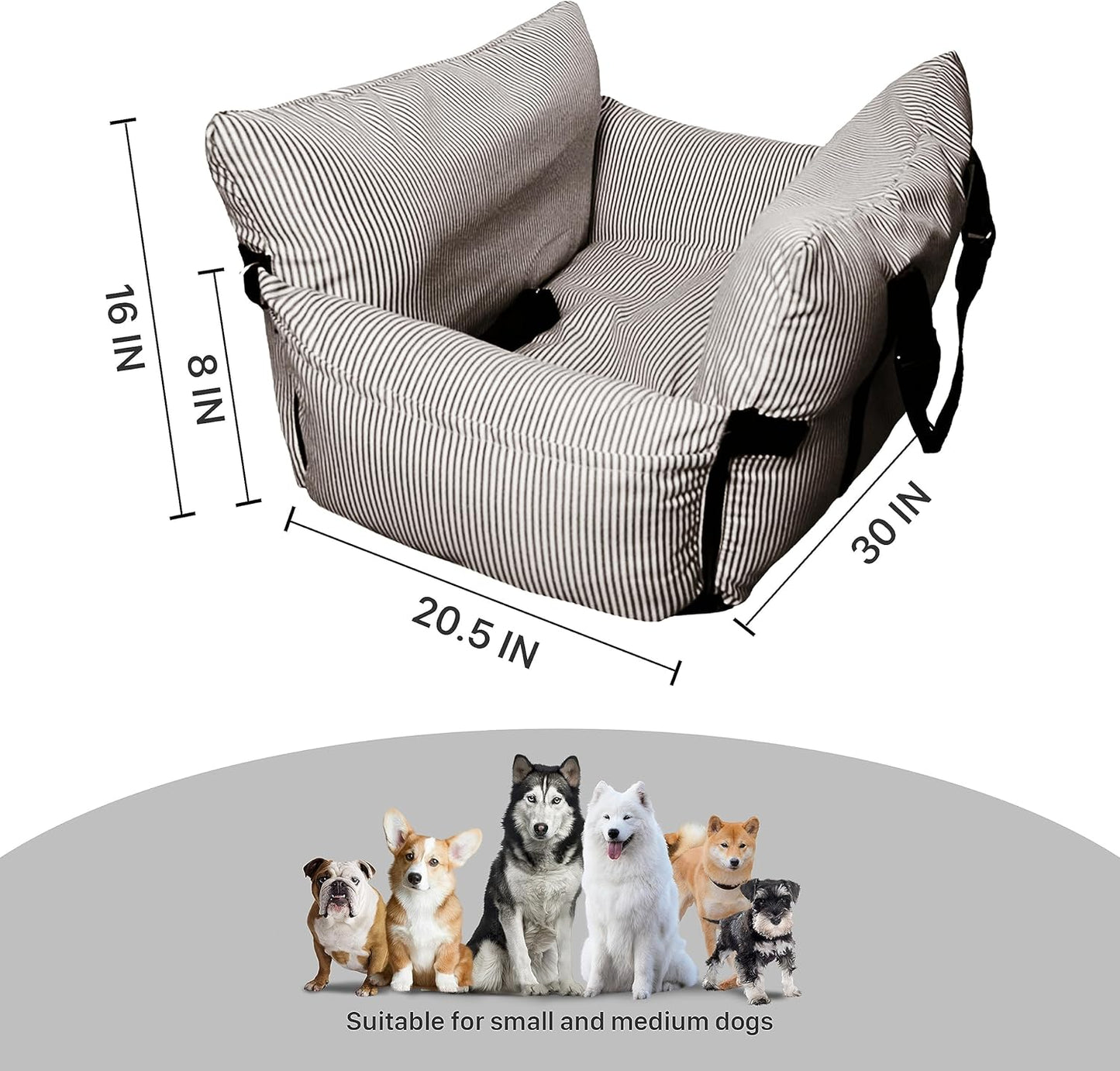 Dog Car Seat for Large/Medium Dogs Under 60 lbs Cats 2 in 1 Booster Seats Dog Bed for Car and Home Safety Travel Carrier with Pockets, Brown Stripes, 30''x 21''x 16"