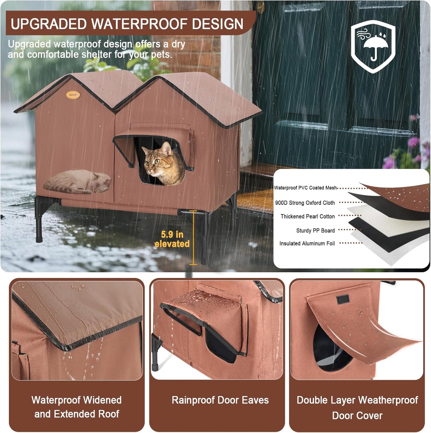 Heated Cat House for Outside in Winter Insulated Elevated Outdoor Cat House Weatherproof, Escape Door, Large Feral Cat Shelter Heated Bed for 2~3 Cats Stray Barn Kitty, Easy Assembly