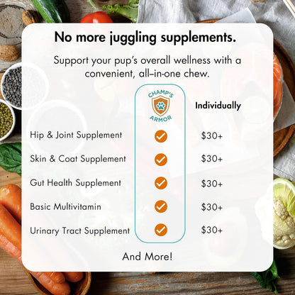 Champ's Armor 10-in-1 Multivitamin Soft Chews for Dogs – Hip & Joint, Skin, Digestion, Immune, Heart, and Brain Health. Complete Daily Support w/Glucosamine, Salmon Oil, Probiotics & More – 120 Ct