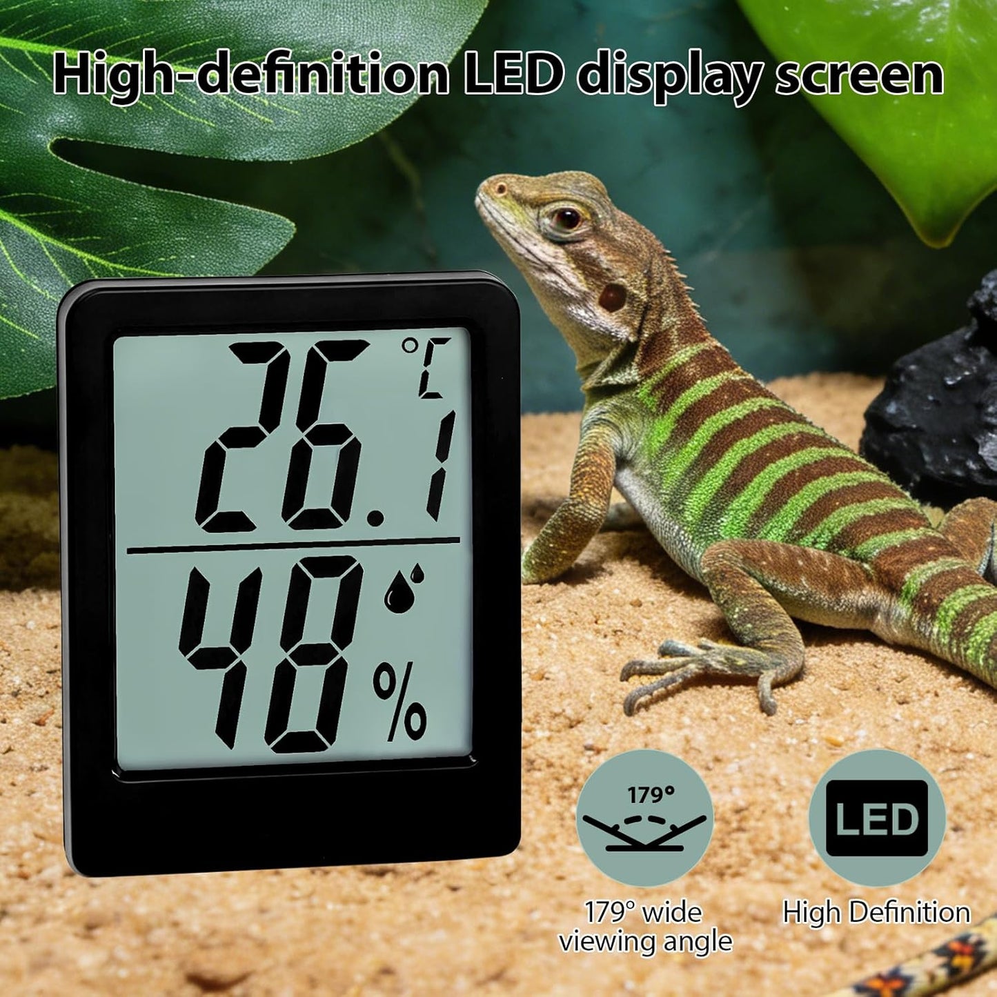 Digital Reptile Thermometer and Humidity Gauge, Large LED Display Terrarium Hygrometer with Adhesive Tape, for Bearded Dragon Tank, Leopard Gecko, Snake, Lizard, Hermit Crab Accessories