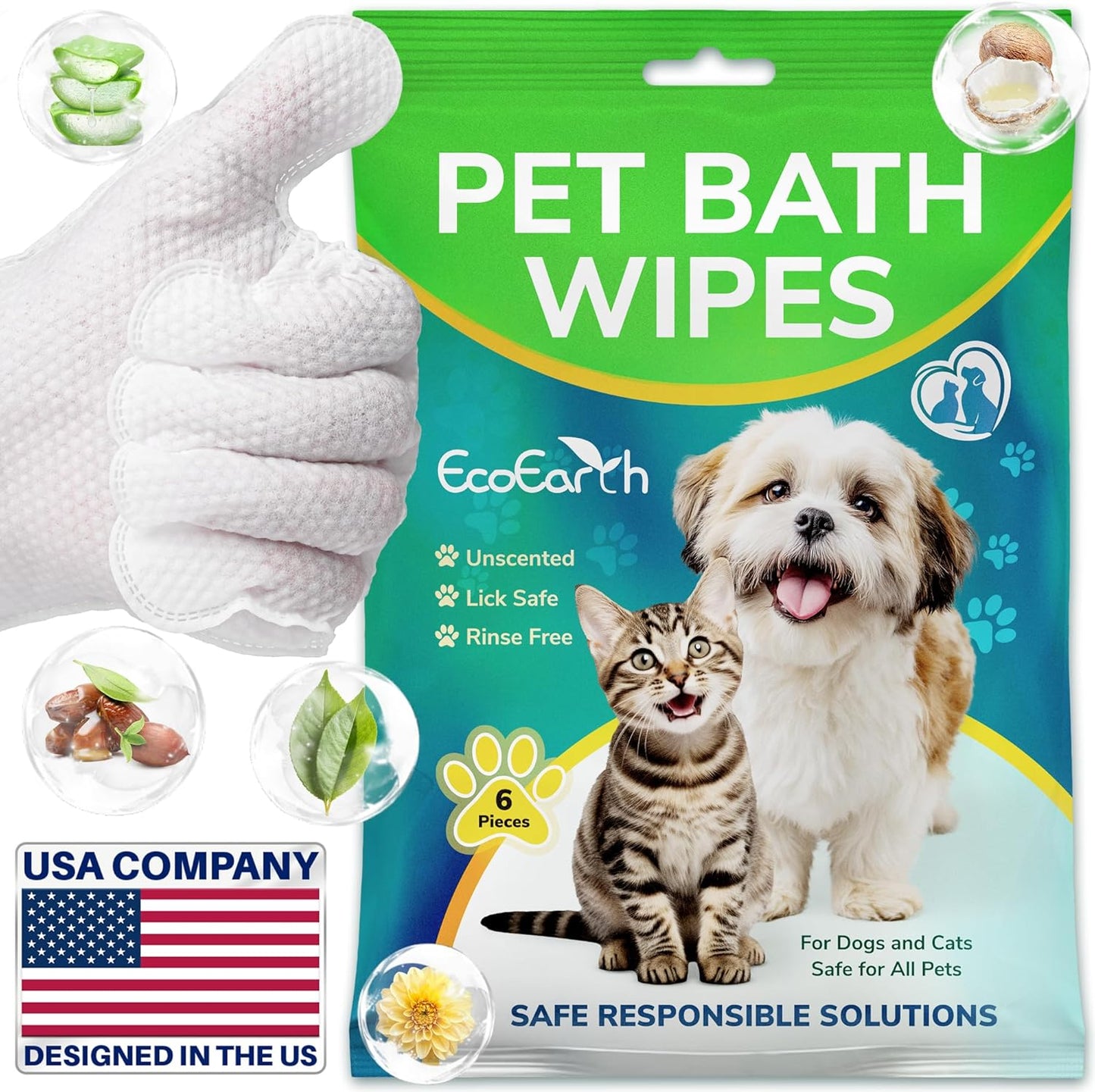 Premium Pet Wipes for Dogs & Cats - 6 Pcs - Disposable Washing Gloves for Bath & Grooming - Clean & Dry Paws, Fur, Face, Ears, Butt & Body - Hypoallergenic, Lick-Safe & Waterless Cleaning Gloves