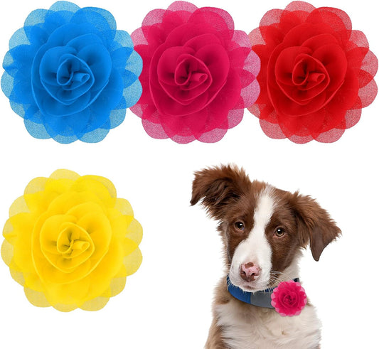 4Pcs Dog Flower Collar Multicolored Pet Collar Charm Flower Cat Bow Tie Set Slide Collars Accessories for Medium Large Puppy Grooming Supplies Lake Blue, Yellow, Bright Red, Rose Red