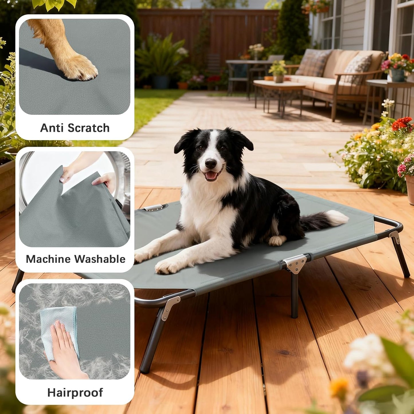 Elevated Outdoor Dog Bed for Large Dogs, Portable Folding Camping Dog Bed, Washable Elevated Pet Beds with No-Slip Feet, Raised Cooling Pet Beds for Indoor & Outdoor Use, Grey, 44 Inches