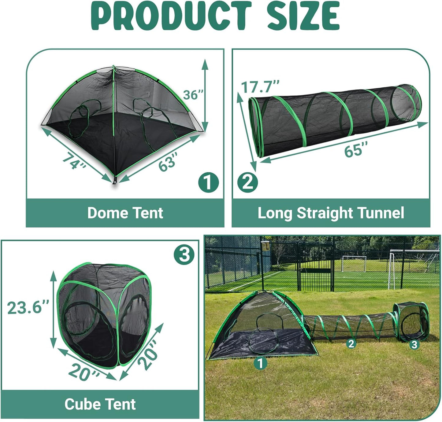 3-in-1 Outdoor Cat Enclosure, Portable Catio for Outside, Outdoor Cat Tent with 2 Tents and 1 Straight Tunnel, Green Enclosed Playpen for Kitty and Other Small Animals, Support Expansion