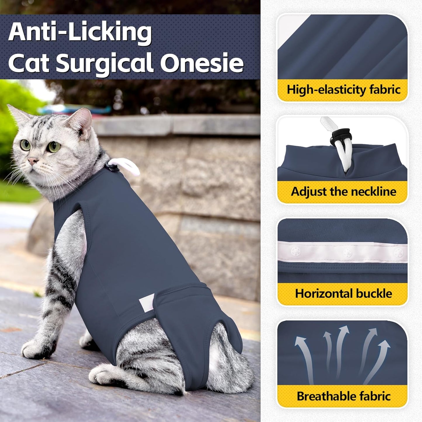 Cat Surgery Recovery Suit, Kitten Onesie After Surgery, Cats Recovery Cone Alternative for Abdominal Skin Wounds, Post Surgical Pajama Suit for Male Female Cat After Spay Wear Anti Licking (Grey, L)
