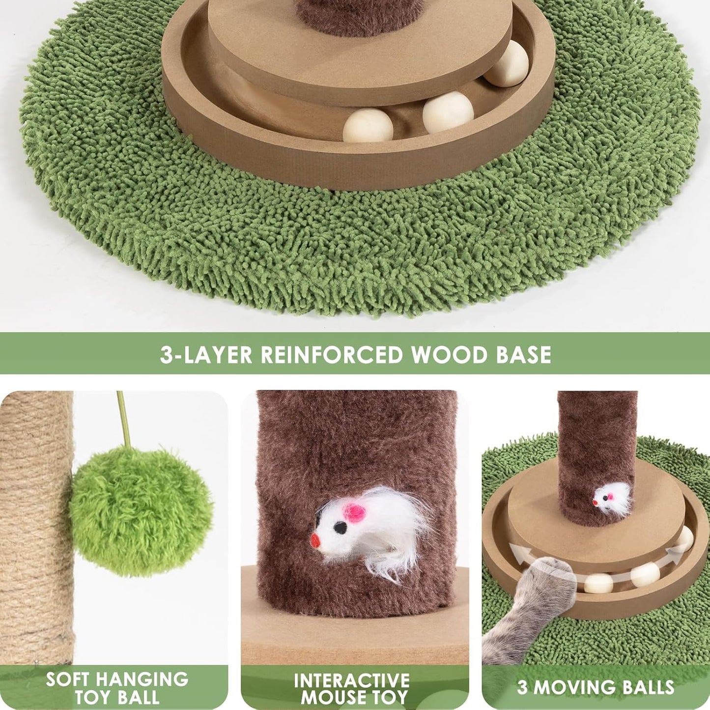 Cat Scratching Post, 35 Inch Tall Cat Scratcher Cat Tree Tower with Hanging Ball for Indoor Cats Adults,Peacock Plant Leaf,Sisal Rope Kitten Scratch with Interactive Mouse Cat Toy